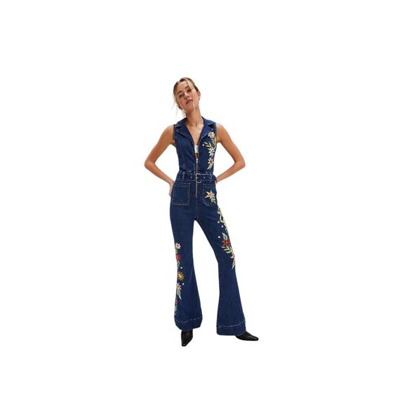 Driftwood Elsie Jumpsuit Denim Embroidered Western Boho Flare Small